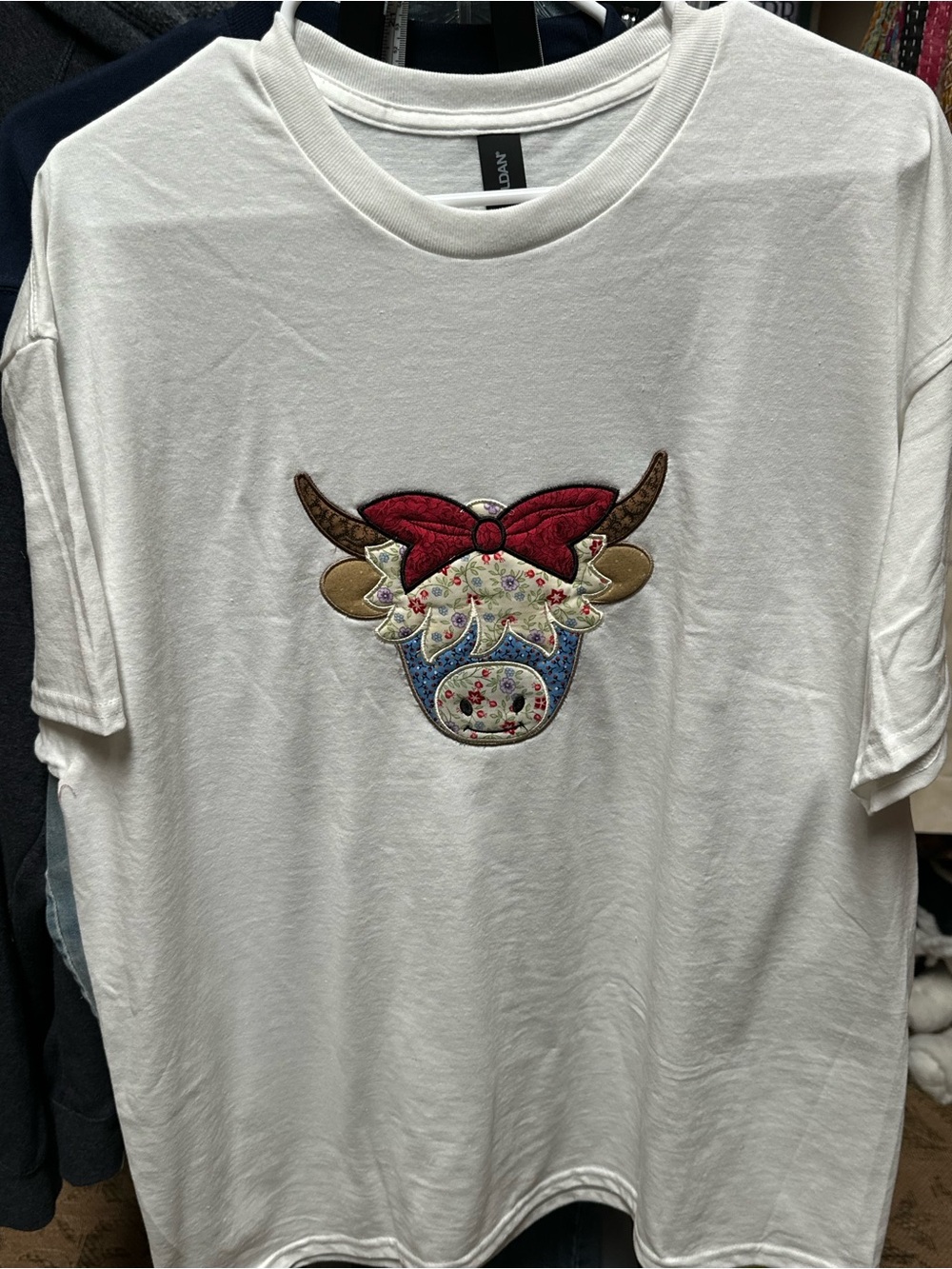 White Tee with Applique Decorative Cow